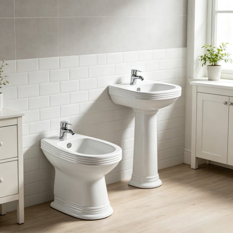 Complete bathroom suite with matching ceramic bidet and toilet