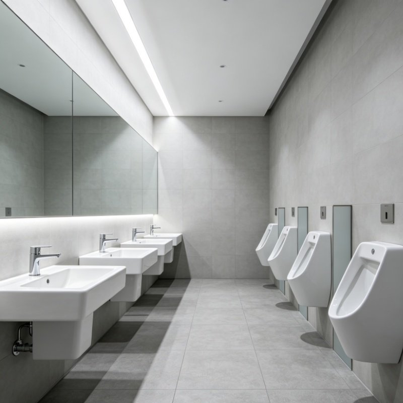 Modern corporate office restroom design featuring premium wall-hung toilets and minimalist ceramic washbasins by YASIQI