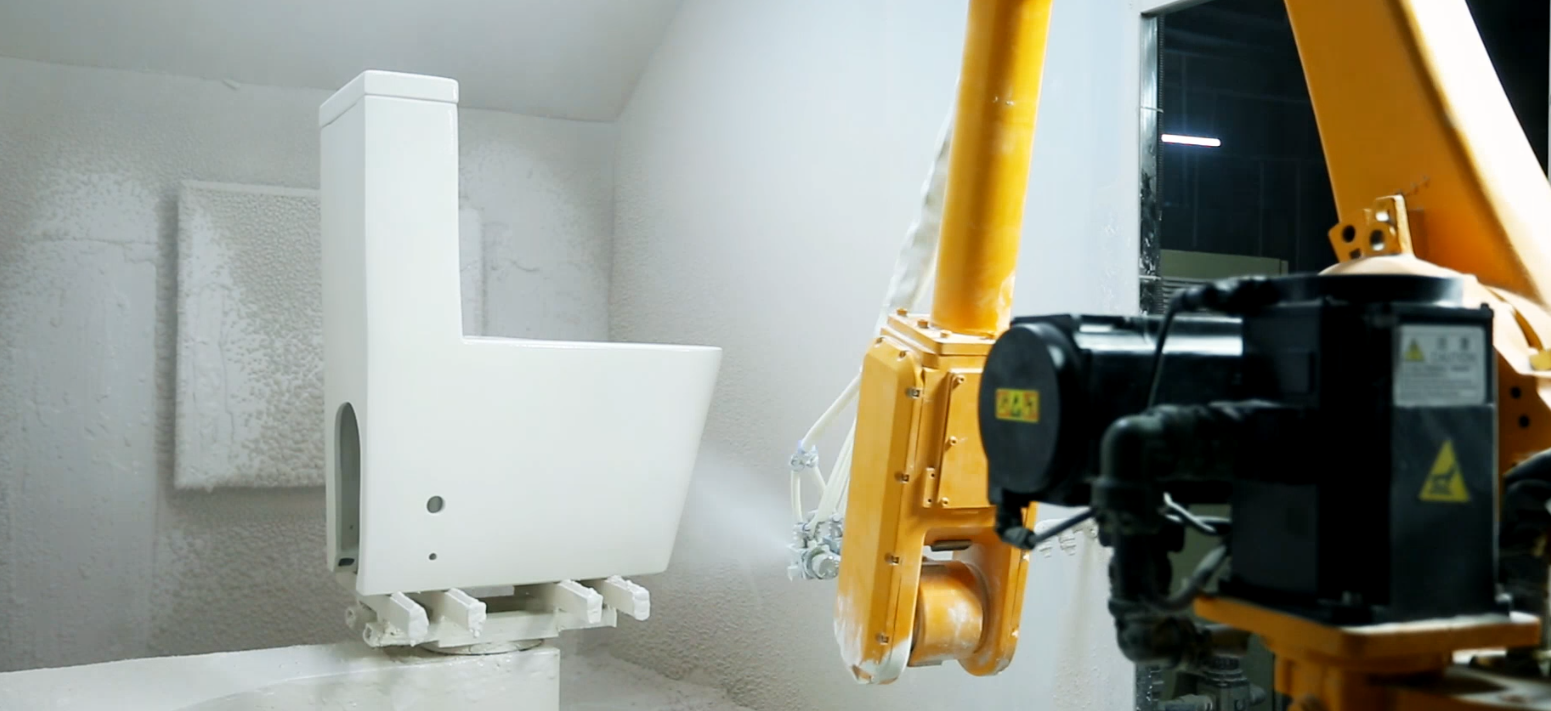 Automated glazing system and robotics line for sanitary ware