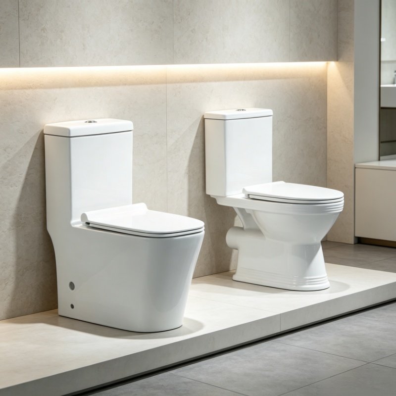 Side by side comparison of a sleek one piece toilet and a classic two piece toilet architecture