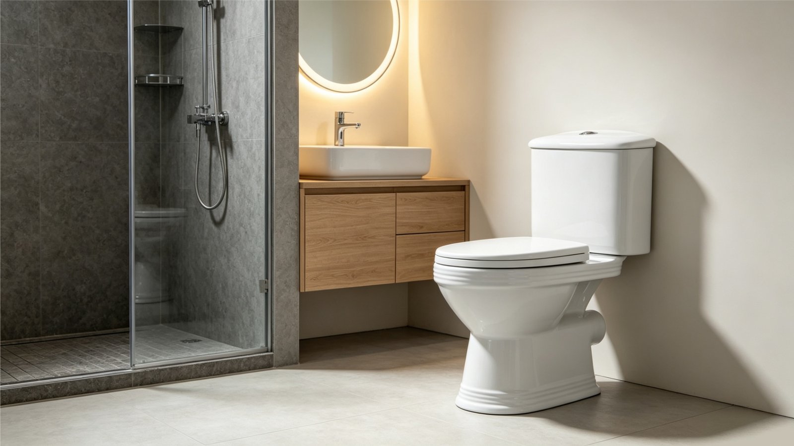 Technical drawing highlighting a separate tank and bowl assembly for a two piece toilet