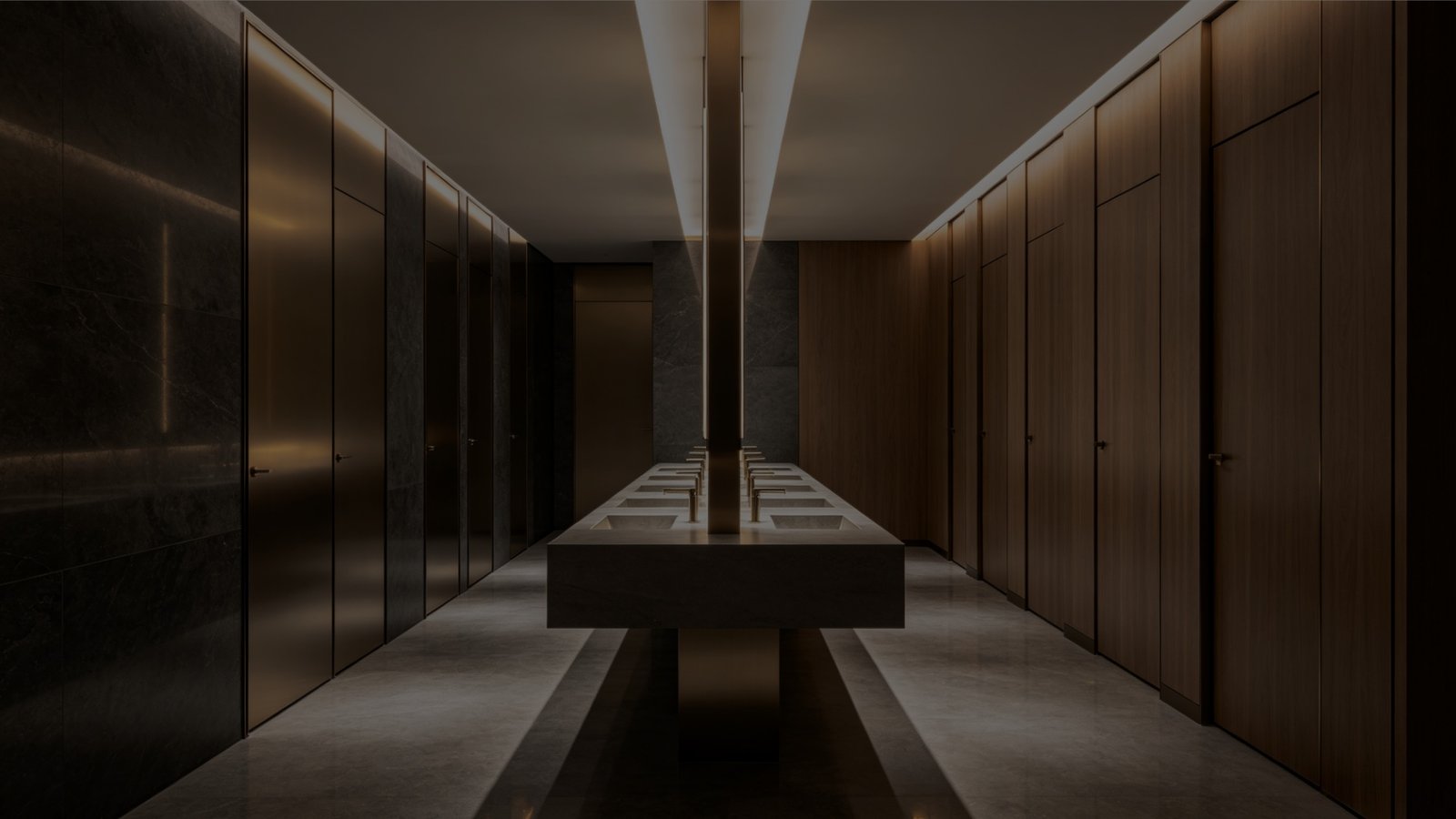 High-end public restrooms in an airport venue featuring premium smart fixtures