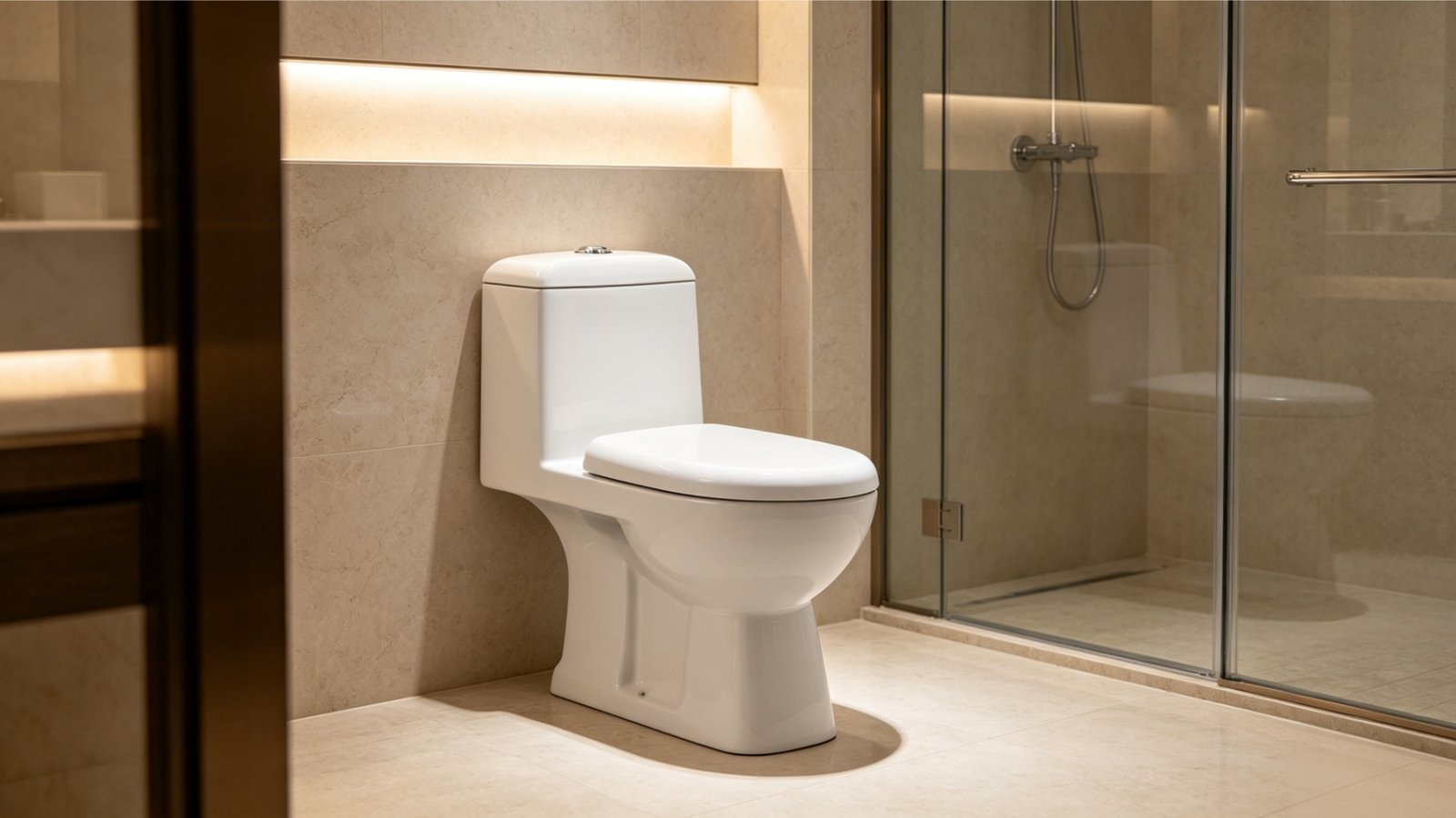Modern commercial bathroom installation showcasing a premium one-piece toilet upgrade