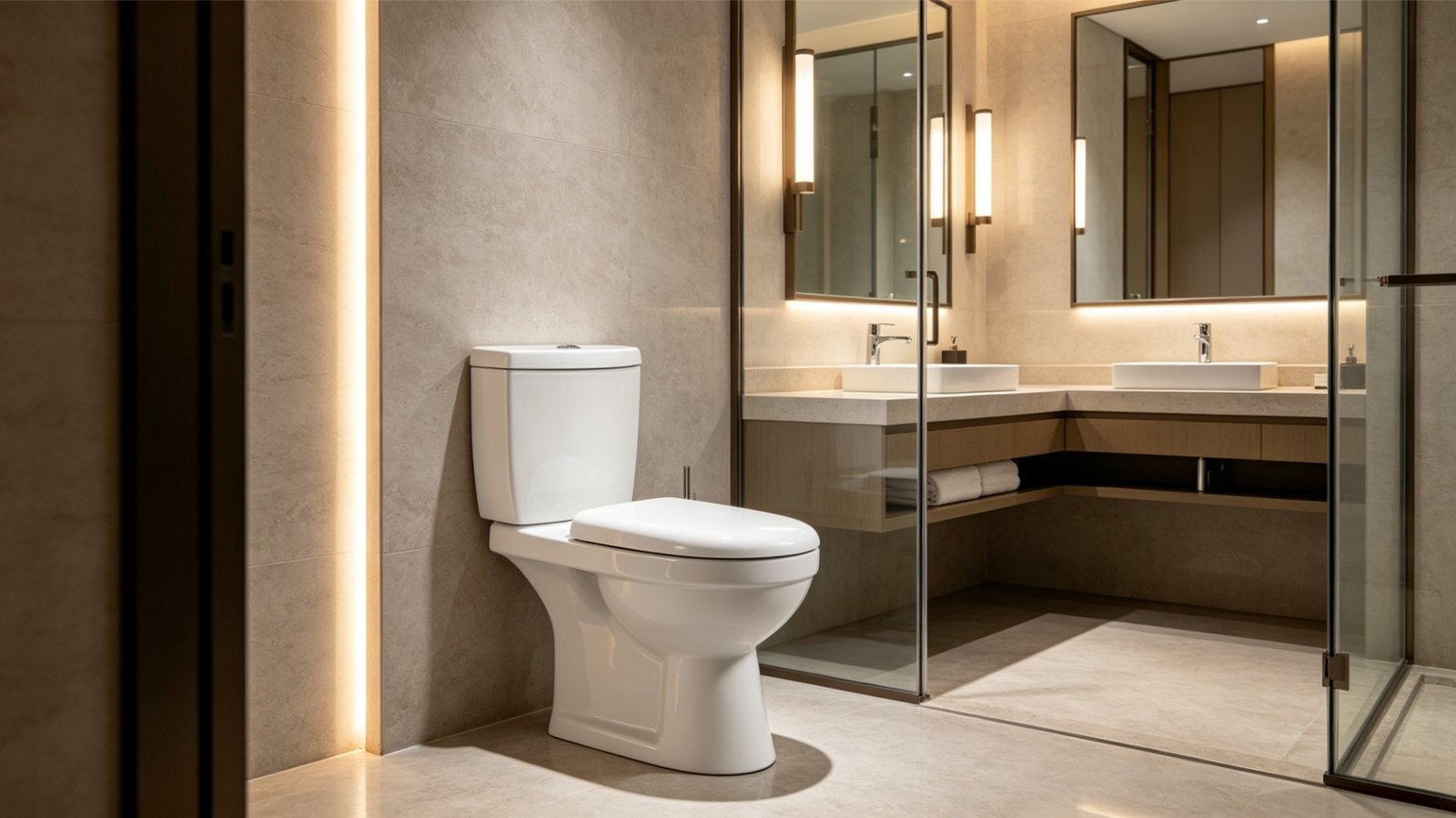 High-volume multi-family housing bathroom featuring a durable two-piece toilet replacement