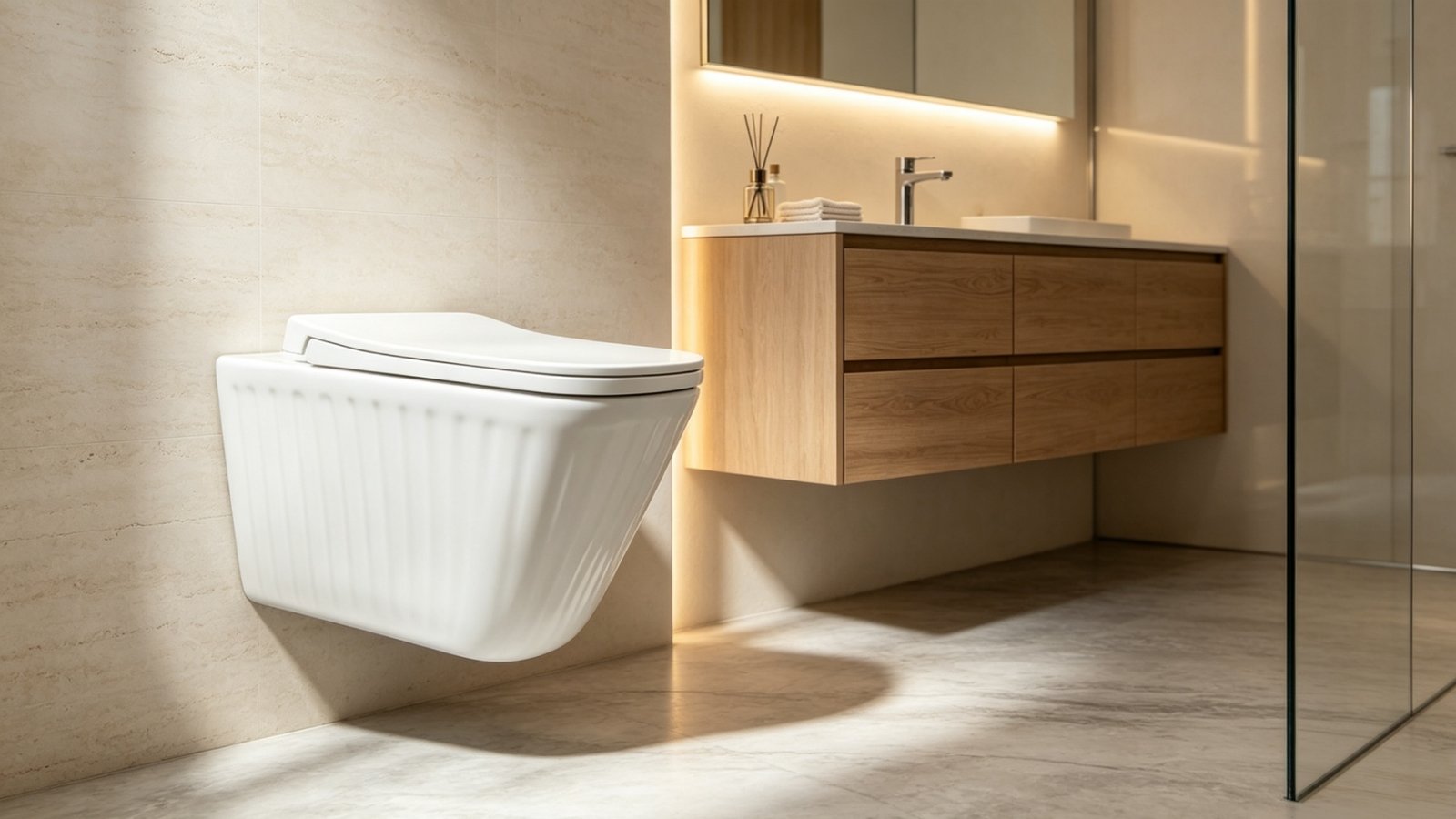 Boutique hotel washroom utilizing a space-saving wall-hung toilet renovation