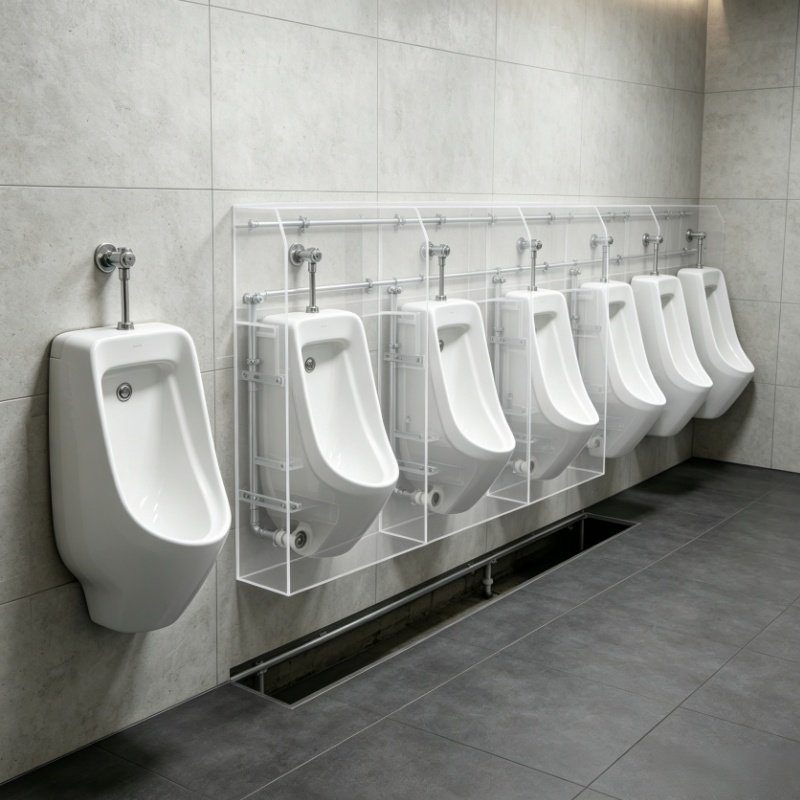Technical dimensional blueprint highlighting public restroom urinal installation spacing, centerline layout, and mounting heights