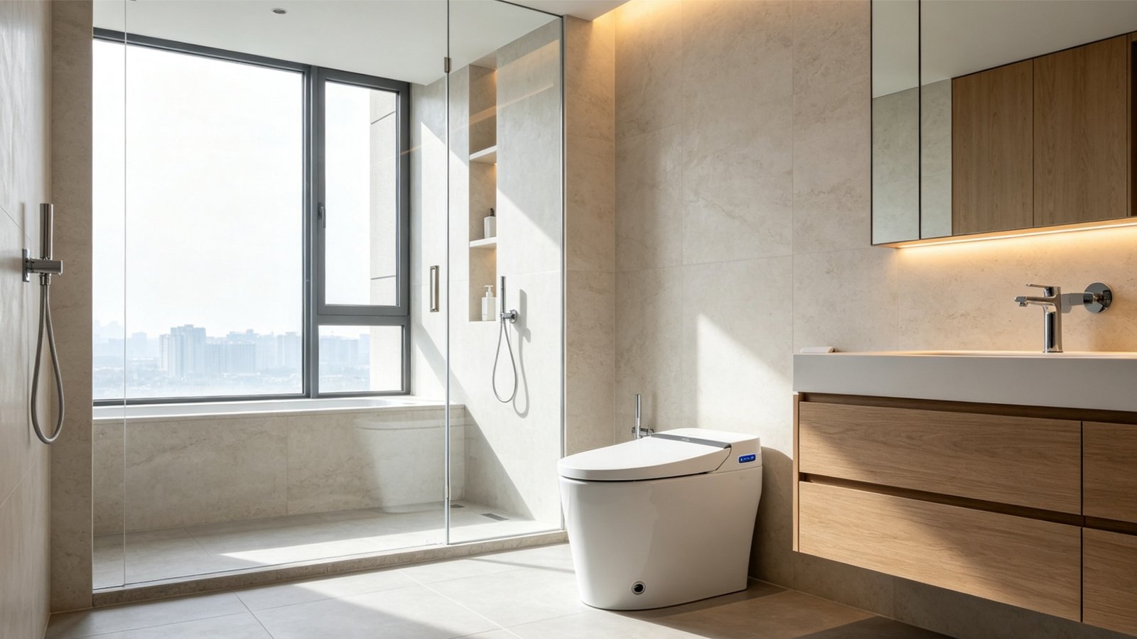 Residential smart toilet installation in a modern high-end bathroom