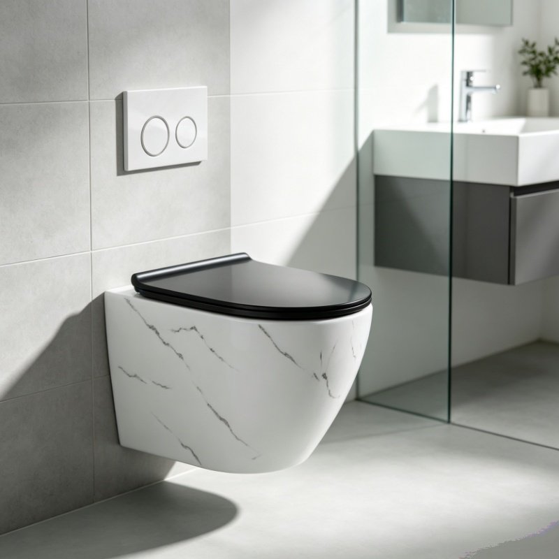 Minimalist lifestyle rendering of YASAQI wall hung toilet installed with hidden cistern wall hung toilet system
