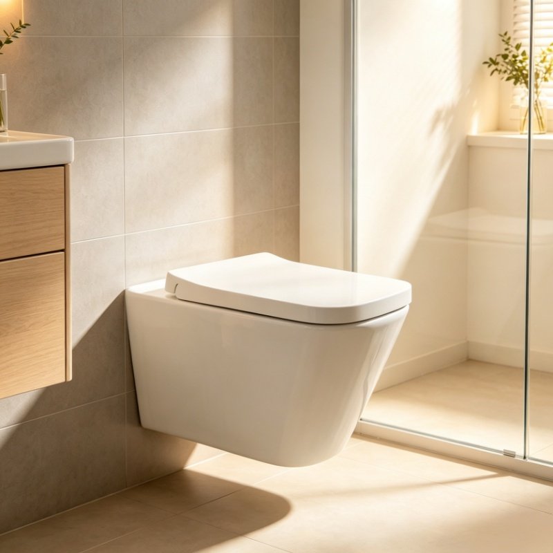 Modern wall hung wc installed in a luxury minimalist bathroom showcasing the clear floor area