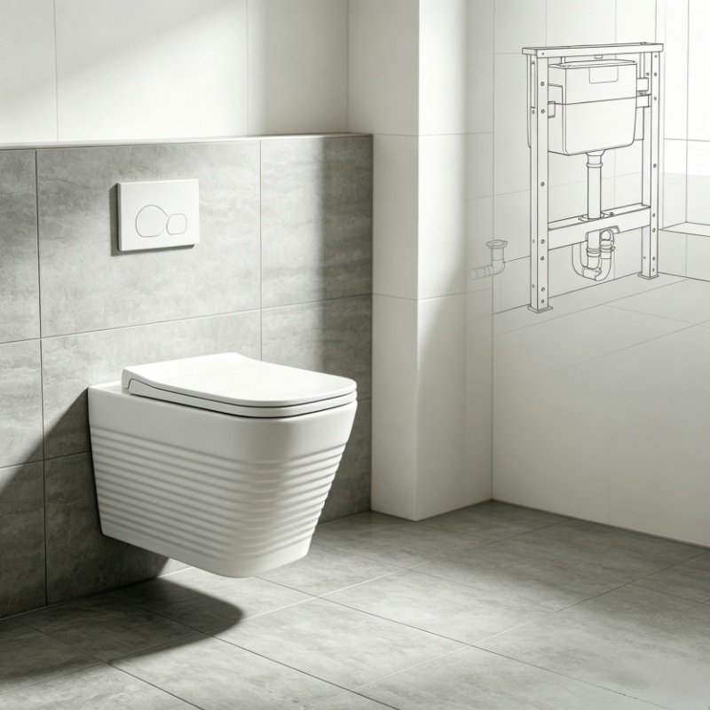 Technical cross-section diagram showing a hidden cistern wall-hung toilet installation system with metal support frame compatibility