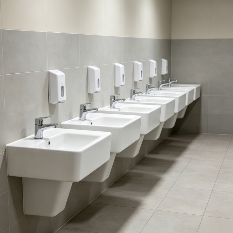 Hygienic public wash basin installation with unified height structure for healthcare and educational facilities