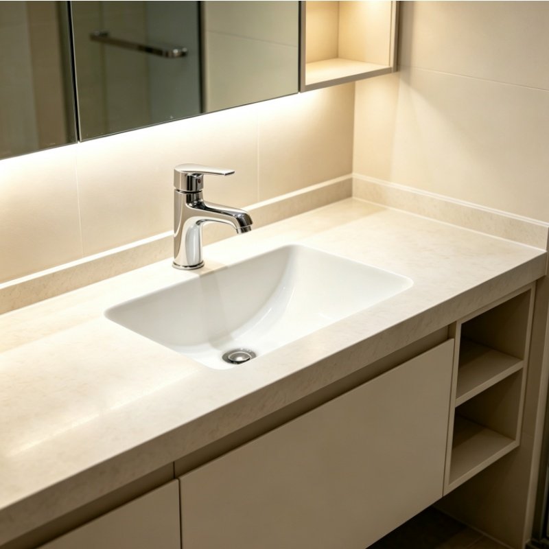 Modern residential bathroom featuring an elegant countertop wash basin with integrated storage cabinet