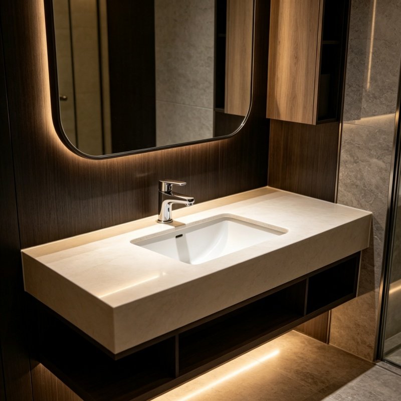 Upscale hotel bathroom basin seamlessly integrated under a custom stone countertop