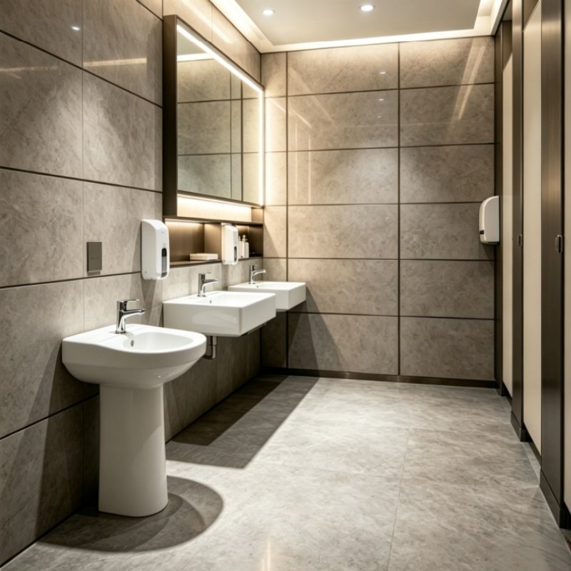 Heavy duty commercial wash basins installed in a modern high-traffic shopping mall restroom